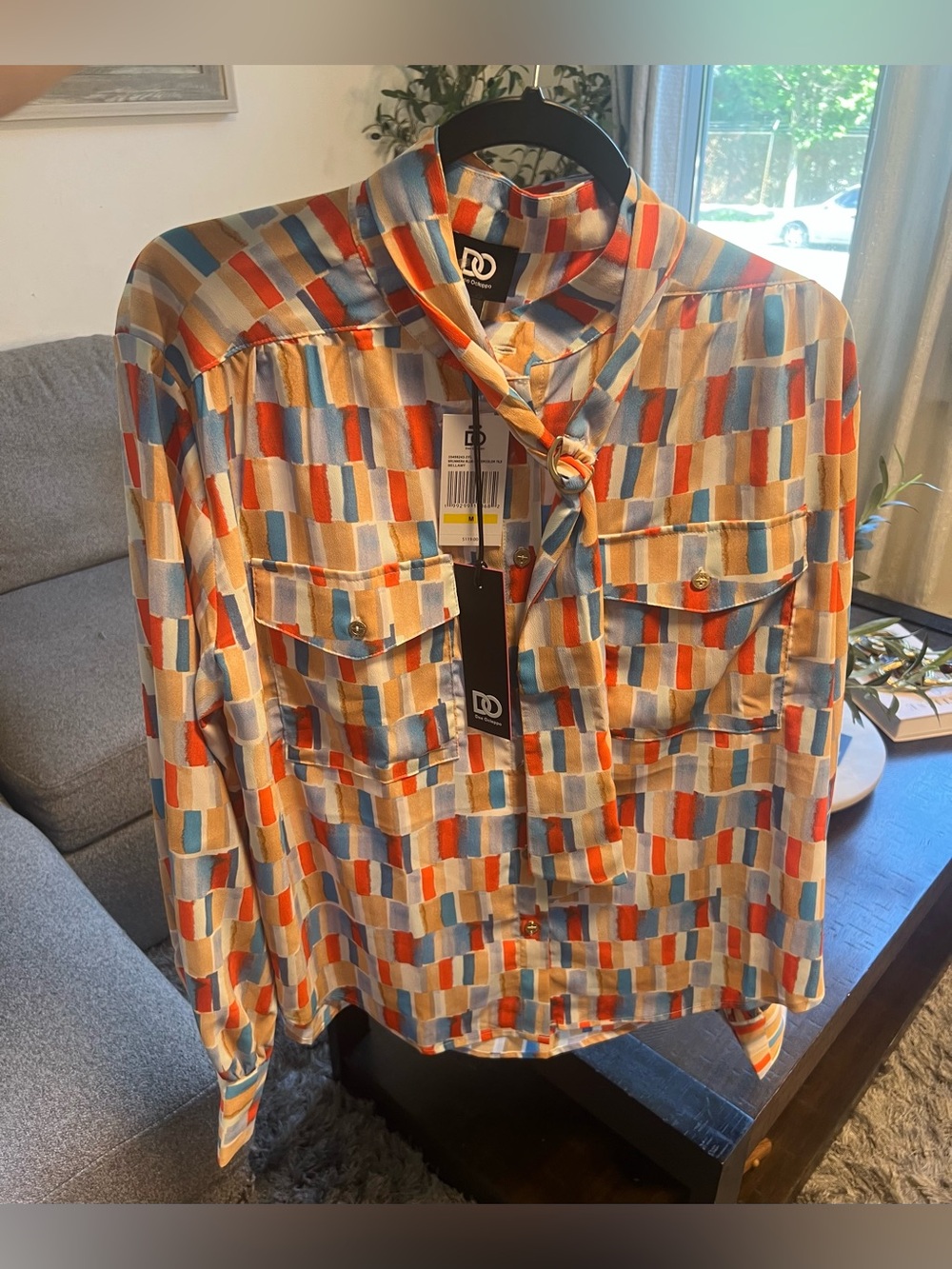 DD Multicolor Geometric Tie-Neck Blouse in Cream, Orange & Blue